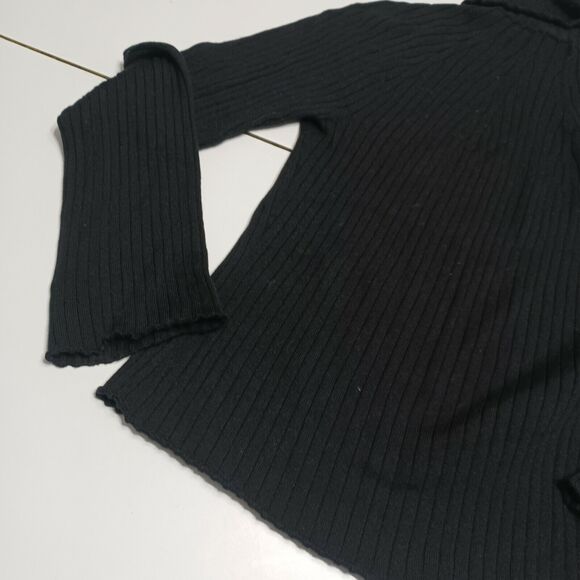QUE Women Merino Pullover Sweater Black Long Bell Sleeve Turtleneck Cable Knit M - Picture 4 of 12
